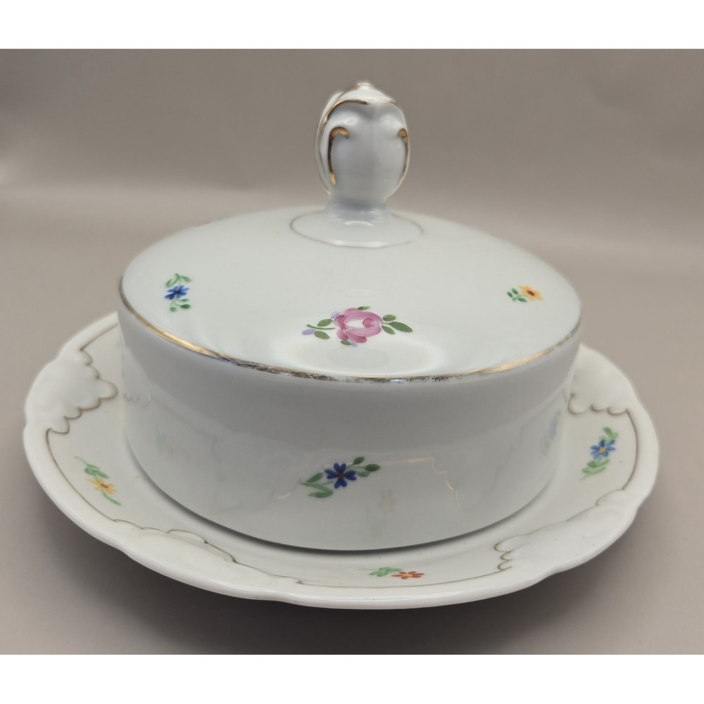 30's Butter/Cheese Dish with Lid, Plate Attached, Hand Painted Floral/Gold (#19)
